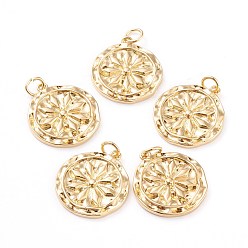 Настоящее золото 18K Латунные подвески, с прыжковых колец, долговечный, плоские круглые с цветком, реальный 18 k позолоченный, 20x18.5x2.3 мм, отверстие : 3.5 мм