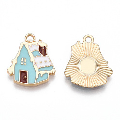 Light Blue Christmas Theme, Alloy Enamel Pendants, Light Gold, Snow House, Light Blue, 19.5x17x2mm, Hole: 2mm