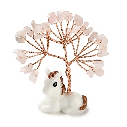 Розовый Кварц Крошка из натурального розового кварца украшение дерево жизни, Подставка для лошади из смолы с медной проволокой, подарок в стиле фэн-шуй для украшения рабочего стола дома или в офисе, 67~73x19.5~20x68~73 мм