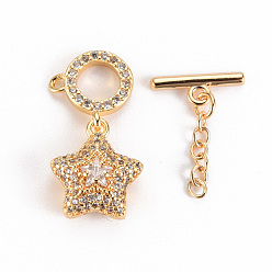 Настоящее золото 18K Латунные застежки-молнии из прозрачного кубического циркония, без никеля , Звезда и бар, реальный 18 k позолоченный, 24 мм, отверстие : 1.4 мм, звезды: 14.5x12.5x7 mm, бар: 4.5x13 mm, цепи: 16.5x2.5 mm