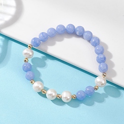 Синий Кружевый Агат Браслеты из натуральных крашеных синих кружевных агатов и культивированного пресноводного жемчуга с круглыми бусинами для женщин, бусины : 8 мм, внутренний диаметр: 2 дюйм (5 см)