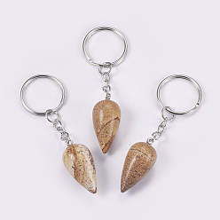 Picture Jasper Natural Picture Jasper Keychain, with Iron Key Rings, Platinum, teardrop, 80.5mm, Pendant: 33.5x15.5mm