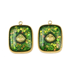 Светло-зеленый Коричневый 304 нержавеющей стальной эмали подвески, прямоугольник в форме ракушки, с блесток, ионное покрытие (ip), ручная полировка, реальный 18 k позолоченный, оливковый, 19.5x14.5x4 мм, отверстие : 1.4 мм
