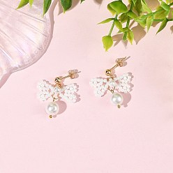 White Glass Seed Bead and Shell Pearl Bead Dangle Earrings, Bowknot, Brass Stud Earrings for Women, White, 27~28x22~23mm