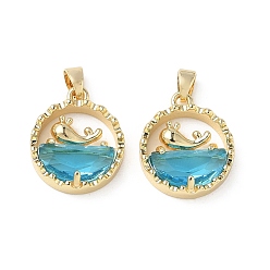 Real 18K Gold Plated Brass Micro Pave Deep Sky Blue Cubic Zirconia Pendants, Long-Lasting Plated, Flat Round with Whale Charms, Real 18K Gold Plated, 18x15x4.5mm, Hole: 4x2.7mm