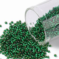 (36F) Matte Silver Lined Emerald Green Toho runde Rocailles, japanische Rocailles, (36 f) matt silberfarbenes Smaragdgrün, 15/0, 1.5 mm, Bohrung: 0.7 mm, über 3000pcs / Flasche, 10 g / Flasche