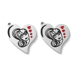 Черный 304 нержавеющей стальной эмали подвески, сердце с человеческим обаянием, чёрные, 17.5x14.5x1.5 мм, отверстие : 1 мм