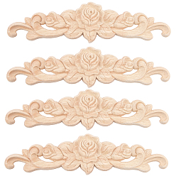Цвет Древесины Резная накладка из каучукового дерева, центральная цветочная длинная аппликация, дверной шкаф-кровать неокрашенный декор европейский стиль, деревесиные, 5x20x0.7 см