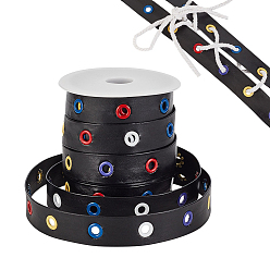 Черный 14.6~15 ярдов плоских шнуров из искусственной кожи, с окрашенными распылением цветными люверсами из сплава, аксессуары для одежды, чёрные, 20 мм, отверстие : 10 мм
