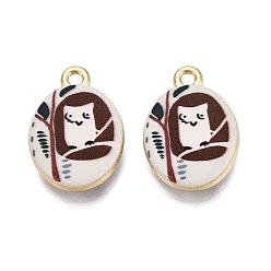 Saddle Brown Printed Alloy Pendants, Rack Plating, Oval & Bird Charms, Cadmium Free & Nickel Free & Lead Free, Golden, Saddle Brown, 20x13.5x4mm, Hole: 1.8mm