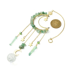 Green Aventurine Moon & Star Brass Hanging Ornaments, Natural Green Aventurine Chips and Glass Tassel Suncatchers, 300~308mm