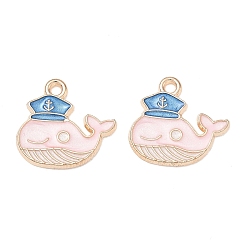 Pink Alloy with Enamel Pendants, Whale Shape with Sailor Hat Charms, Golden, Pink, 16x17x1mm, Hole: 1.6mm