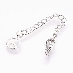 Platinum Brass Chain Extender, with Lobster Claw Clasps, Cadmium Free & Nickel Free & Lead Free, Long-Lasting Plated, Peace Sign, Platinum, 70x3mm, Hole: 2.5mm, Clasps: 10x6x3mm