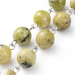 Natural Turquoise Handmade Natural Yellow Turquoise(Jasper) Beaded Chains, with Platinum Plated Iron Eye Pins, Round, Unwelded, 39.37 inch(100cm), Beads: 8~9mm, 1m/strand