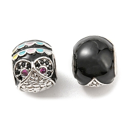 Платина Реечное покрытие латунь микро паве кубический цирконий европейские бусины, с эмалью, бусины с большим отверстием, без свинца и без кадмия, сова, платина, 11~12x10 мм, отверстие : 4.2 мм