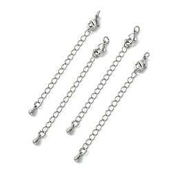 Real Platinum Plated SHEGRACE Brass Curb Chain Extender, End Chains with Lobster Claw Clasps and Teardrop Charms, Cadmium Free & Nickel Free & Lead Free, Real Platinum Plated, 60mm