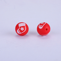 Red Christmas Printed Round with Christmas Socking Pattern Silicone Focal Beads, Red, 15x15mm, Hole: 2mm