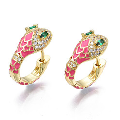 Темно-Розовый Серьга-кольцо в виде змеи с зеленым кубическим цирконием, массивные серьги-кольца из латуни и эмали с покрытием из настоящего золота 18k для женщин, без никеля , темно-розовыми, 20x18.5x10 мм, штифты : 1.5 мм