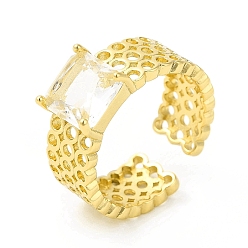 Прозрачный Стеклянная квадратная открытая манжета, полое кольцо из настоящей позолоченной латуни 18k для женщин, без кадмия, без никеля и без свинца, прозрачные, размер США 6 1/2 (16.9 мм)