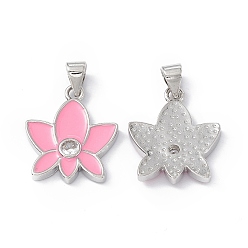 Бледно-Розовый Подвески из латуни с эмалью в стойку, микропейв прозрачный кубический цирконий, долговечный, без свинца и без кадмия, платина, очарование лотоса, розовый жемчуг, 19x16x3 мм, отверстие : 4x3.5 мм
