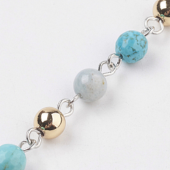 Morganite Natural Morganite & Synthetic Turquoise Beads Handmade Chains, Unwelded, with Brass Findings and Iron Eye Pin, Round, 12~13x6mm, 39.37 inch(1m)/strand