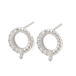 Платина Фурнитура для сережек-гвоздиков из латуни с микропаве из прозрачного кубического циркония, с петлей, платина, 12x10 мм, отверстие : 1.2 мм, штифты : 0.8 мм