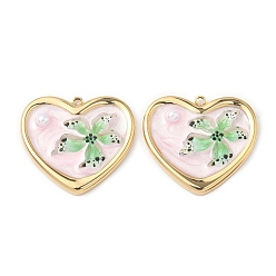 Pink 304 подвески из нержавеющей стали, Сердце со цветками , с эмалью и абс пластика имитация жемчуга, реальный 18 k позолоченный, розовые, 21.5x24x4.5 мм, отверстие : 1.6 мм