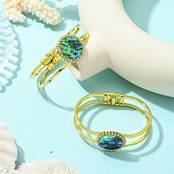 Golden Natural Abalone Shell Flat Round Open Bangles, Brass Crystal Rhinestone Hinged Cuff Bangles for Women, Golden, Inner Diameter: 1.77x2.40 inch(4.5x6.1cm)