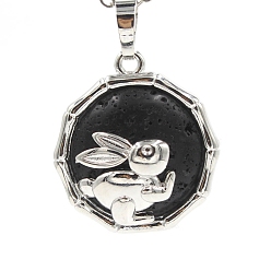 Лавовый камень Подвески из натуральной лавы, плоская круглая форма из латуни платинового цвета с подвесками в виде кролика, 25x10 мм