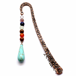 Synthetic Turquoise Synthetic Turquoise Teardrop Pendant Bookmark, with 7 Natural Gemstone Round Beads, Feather Shape Antique Bronze Plated Alloy Bookmark, 200x123mm