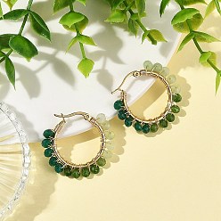 Green Dyed Natural Malaysia Jade Rondelle Bead & 201 Stainless Steel Hoop Earrings, 304 Stainless Steel Hoop Earrings, Golden, Green, 32x4mm