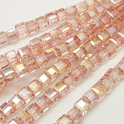 Misty Rose Electroplate Glass Beads Strands, AB Color Plated, Faceted, Cube, Misty Rose, 4x4x4mm, Hole: 1mm