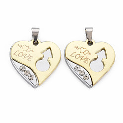 Kaki Clair Pendentifs en alliage, avec strass cristal, sans cadmium et sans nickel et sans plomb, coeur avec l'amour des mots, kaki clair, 27x26x4mm, Trou: 4x6mm