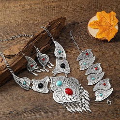 Разноцветный Комплекты ожерелий, серег и браслетов из сплава каплевидной формы и синтетической бирюзы, античное серебро, красочный, Ожерелье: 500 mm