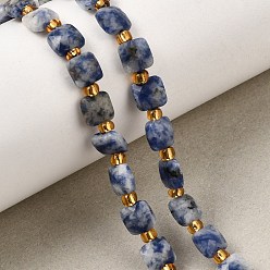 Blue Spot Jasper Natural Blue Spot Jasper Beads Strands, Faceted Square, with Seed Beads, 6x6x3.5~4mm, Hole: 0.8mm, about 48pcs/strand, 14.96''(38cm)