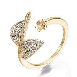 Real 18K Gold Plated Brass Micro Cubic Zirconia Cuff Finger Ring Settings, For Half Drilled Beads, Nickel Free, Mermaid Fishtail, Clear, Real 18K Gold Plated, US Size 6 1/4(16.7mm), Pin: 0.8mm(for half drilled beads)