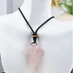 Розовый Кварц Подвеска в виде креста из натурального розового кварца на черном хлопковом шнурке., 25.20 дюйм (64 см)