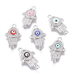 Mixed Color Brass Micro Pave Cubic Zirconia Links, Cadmium Free & Lead Free, with Enamel, Hamsa Hand/Hand of Fatima/Hand of Miriam, Platinum, Mixed Color, 22x12.5x3mm, Hole: 1.2mm