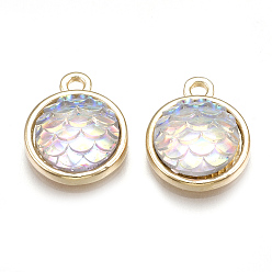 Кремово-белый Подвески из легированной смолы, плоский круглый с рыбой в русалочной форме, золотой свет, кремово-белые, 15x12x4 мм, отверстие : 1.8 мм