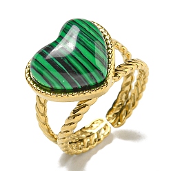 Настоящее золото 18K Ионное покрытие (ip) 304 открытые манжеты из нержавеющей стали, синтетические малахитовые кольца в форме сердца для женщин и мужчин, реальный 18 k позолоченный, регулируемый