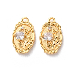 Настоящее золото 18K Латунные микропаве прозрачные подвески с фианитом, овал с цветочными подвесками, реальный 18 k позолоченный, 15x8.5x3 мм, отверстие : 1 мм
