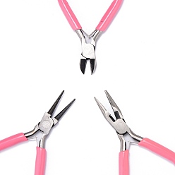 Pink 45# Steel Jewelry Plier Sets, Including Wire Round Nose Plier, Cutter Plier and Side Cutting Plier, Pink, 11.7x8x0.9cm, 11.7x7.5x1cm, 10.7x7x0.85cm, 3pcs/set