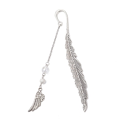 Античное Серебро Закладки из сплава в тибетском стиле с перьями и крыльями, с потрескивающими кварцевыми бусинами, античное серебро, 115x13x3 мм