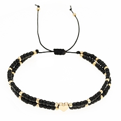 Черный Стеклянные плетеные браслеты из бисера, регулируемый браслет из латуни в форме сердца, чёрные, 6-1/4~10-1/4 дюйм (16~26 см)