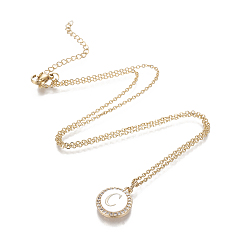 Letter C Brass Initial Pendant Necklaces, with Shell, Cubic Zirconia and 304 Stainless Steel Cable Chains, Flat Round with Letter, Letter.C, 17.5 inch(44.5cm), 1.5mm