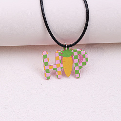 Carrot Красочный кулон в клетку из акрила с рисунком «Счастливой Пасхи» на черном вощеном шнурке для женщин, морковь, 17.72 дюйм (45 см), Кулон : 45x40 мм