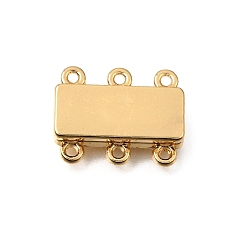 Real 14K Gold Plated 2-Strands Brass Magnetic Clasps, Rectangle, with Triple Loops, Real 14K Gold Plated, 18x13x4.5mm, Hole: 1.5mm