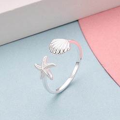Серебро 925 открытые кольца-манжеты из стерлингового серебра для женщин, морская звезда и форма раковины, с печатью s925, серебряные, размер США 7 1/4 (17.5 мм)