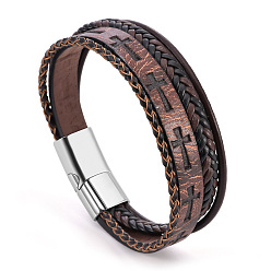 Chameau Bracelets en cordon de cuir tressé multicouche, avec boucles magnétiques, chameau, 8-1/4 pouce (21 cm)