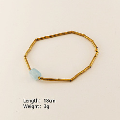 Зеленый Авантюрин 304 Эластичные браслеты из нержавеющей стали и бусин из натурального зеленого авантюрина для женщин, реальный 18 k позолоченный, 7.09 дюйм (18 см)